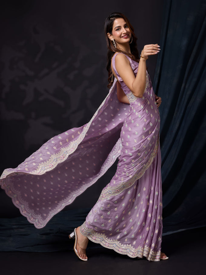 Women Satin Silk Embroidery Work Saree with Blouse Piece Trendmalls