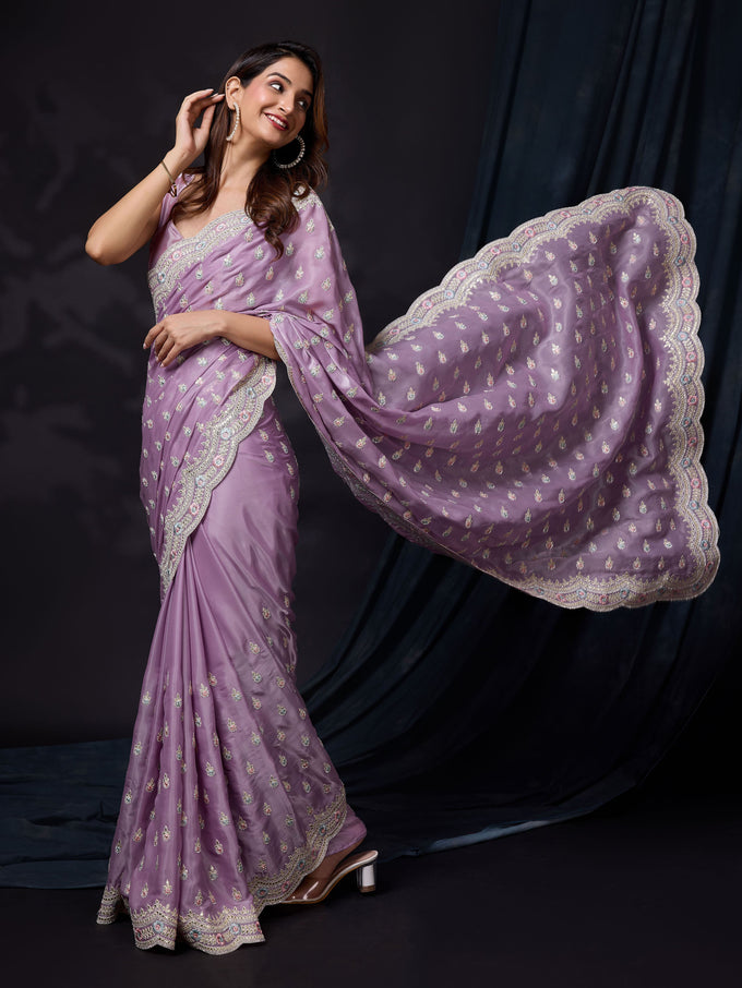 Women Satin Silk Embroidery Work Saree with Blouse Piece Trendmalls