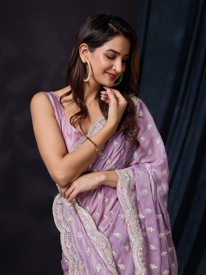 Women Satin Silk Embroidery Work Saree with Blouse Piece Trendmalls