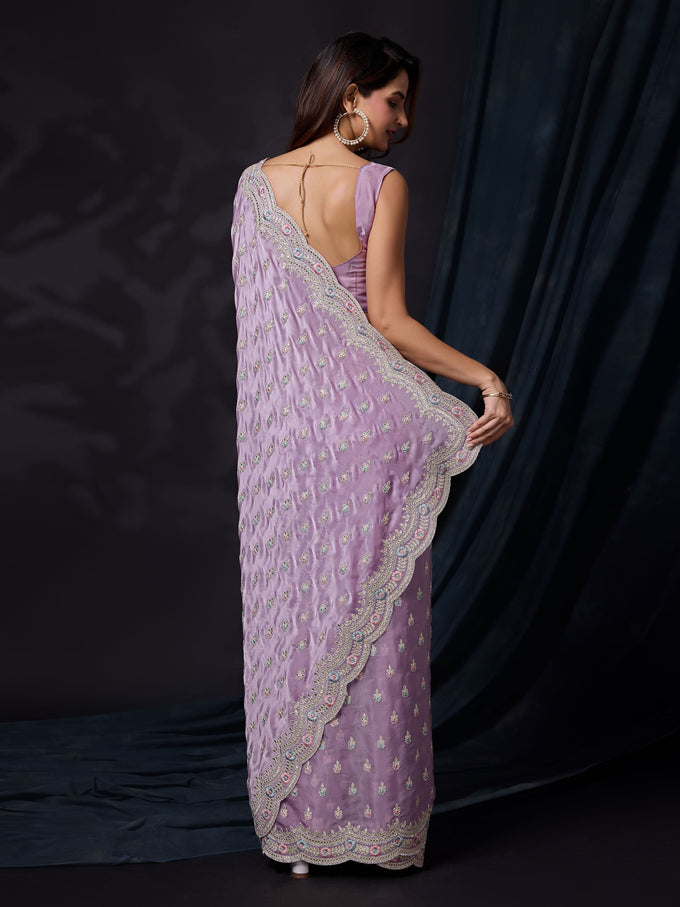 Women Satin Silk Embroidery Work Saree with Blouse Piece Trendmalls