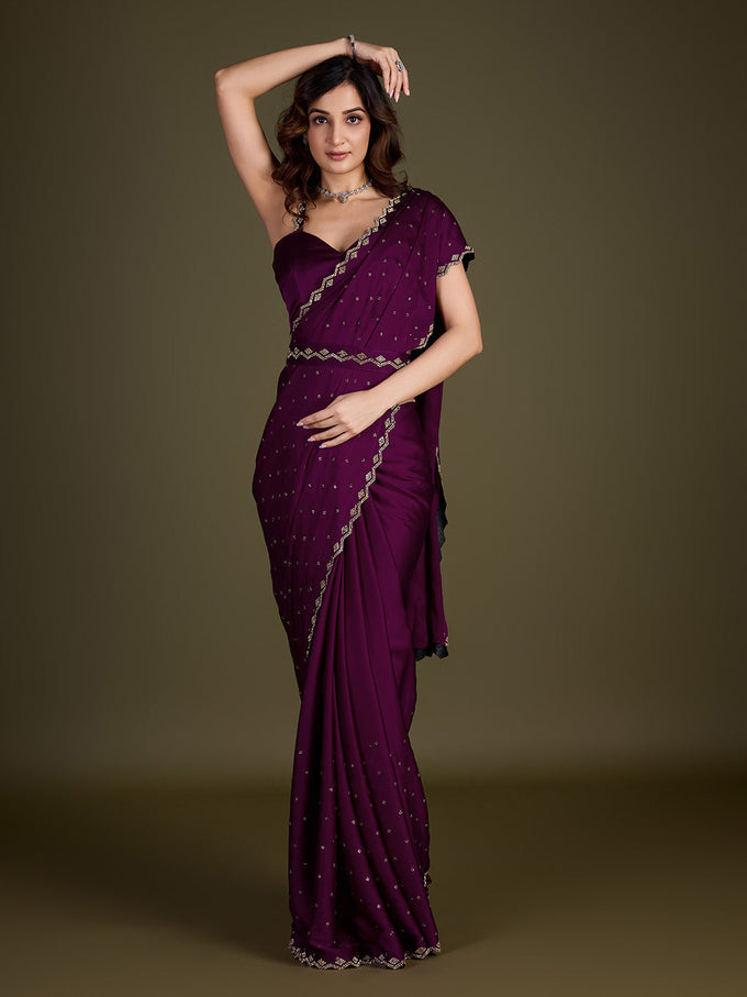 Women's Purple Satin Silk Siroski Zarkan Work Saree with Unstitch Blouse Piece Trendmalls