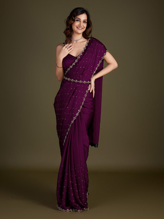 Women's Purple Satin Silk Siroski Zarkan Work Saree with Unstitch Blouse Piece Trendmalls