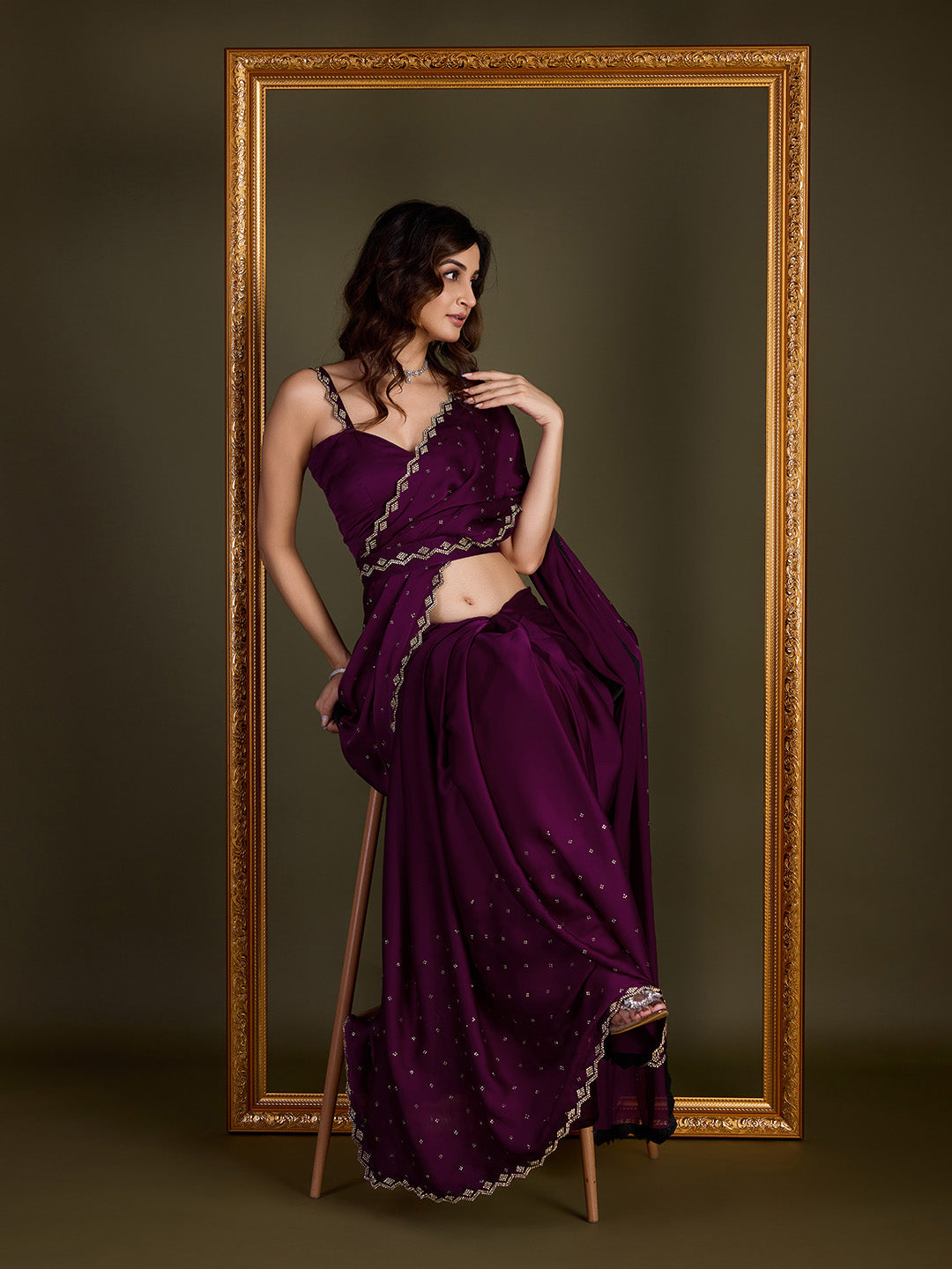 Women's Purple Satin Silk Siroski Zarkan Work Saree with Unstitch Blouse Piece Trendmalls