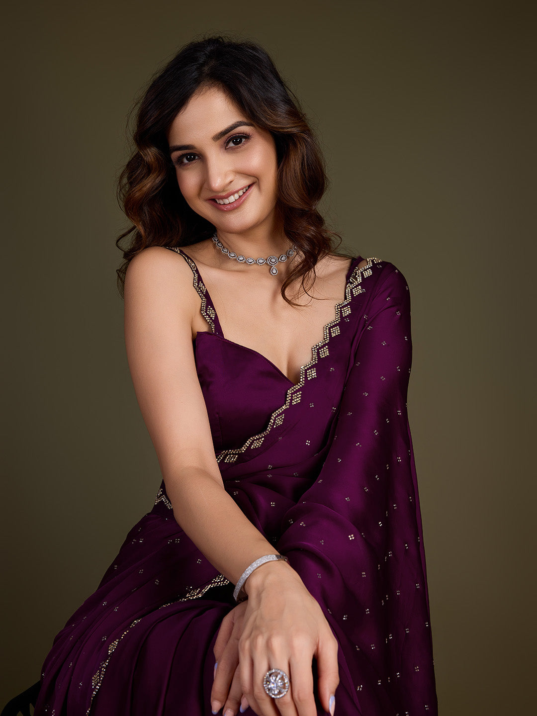 Women's Purple Satin Silk Siroski Zarkan Work Saree with Unstitch Blouse Piece Trendmalls