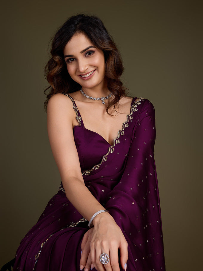 Women's Purple Satin Silk Siroski Zarkan Work Saree with Unstitch Blouse Piece Trendmalls