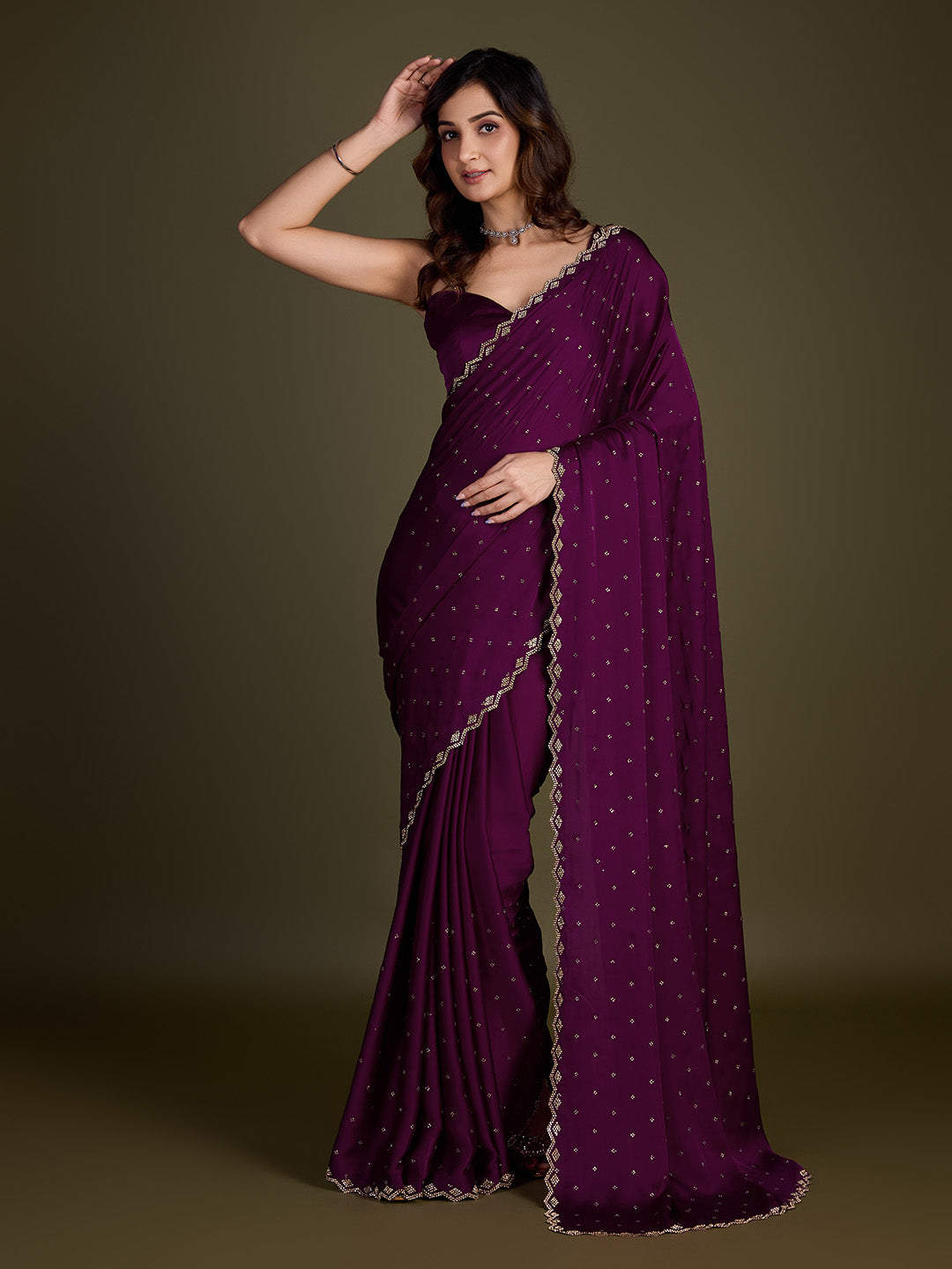 Women's Purple Satin Silk Siroski Zarkan Work Saree with Unstitch Blouse Piece Trendmalls