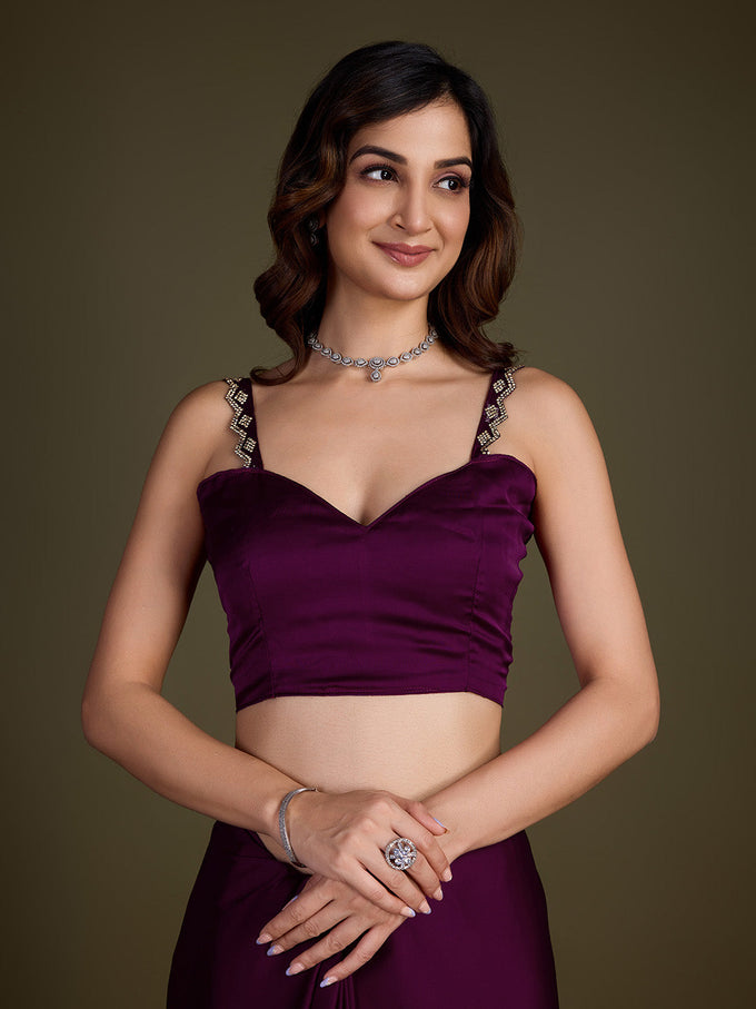Women's Purple Satin Silk Siroski Zarkan Work Saree with Unstitch Blouse Piece Trendmalls