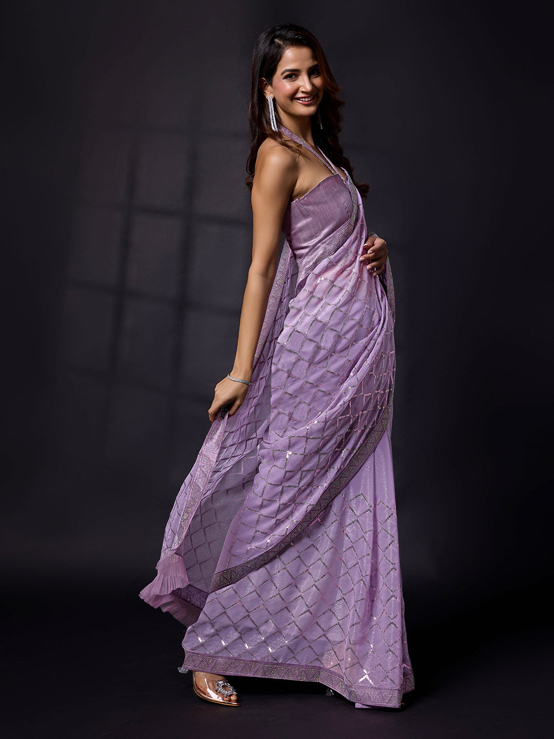 Women's Light Purple Chiffon Sequins Siroski work Saree With Unstitch Blouse Piece Trendmalls