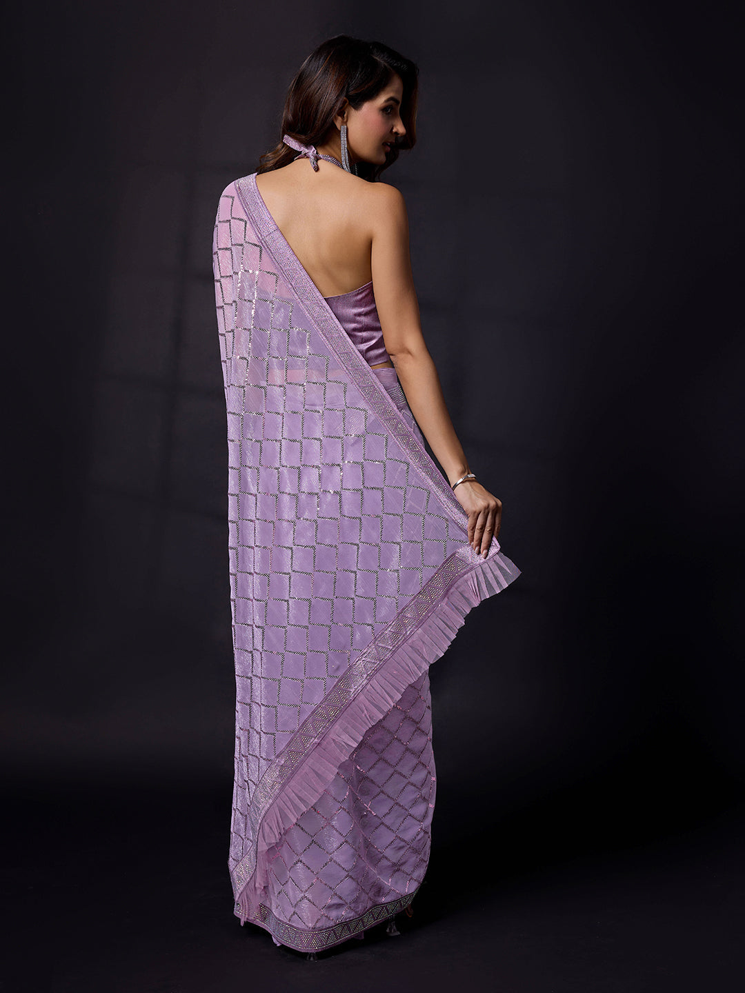 Women's Light Purple Chiffon Sequins Siroski work Saree With Unstitch Blouse Piece Trendmalls