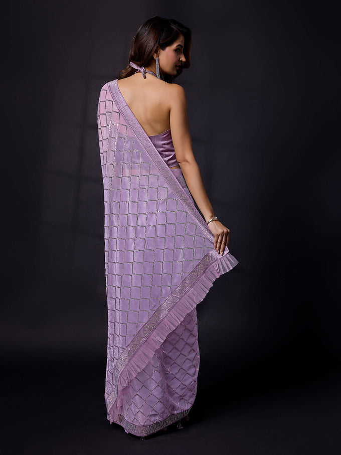 Women's Light Purple Chiffon Sequins Siroski work Saree With Unstitch Blouse Piece Trendmalls