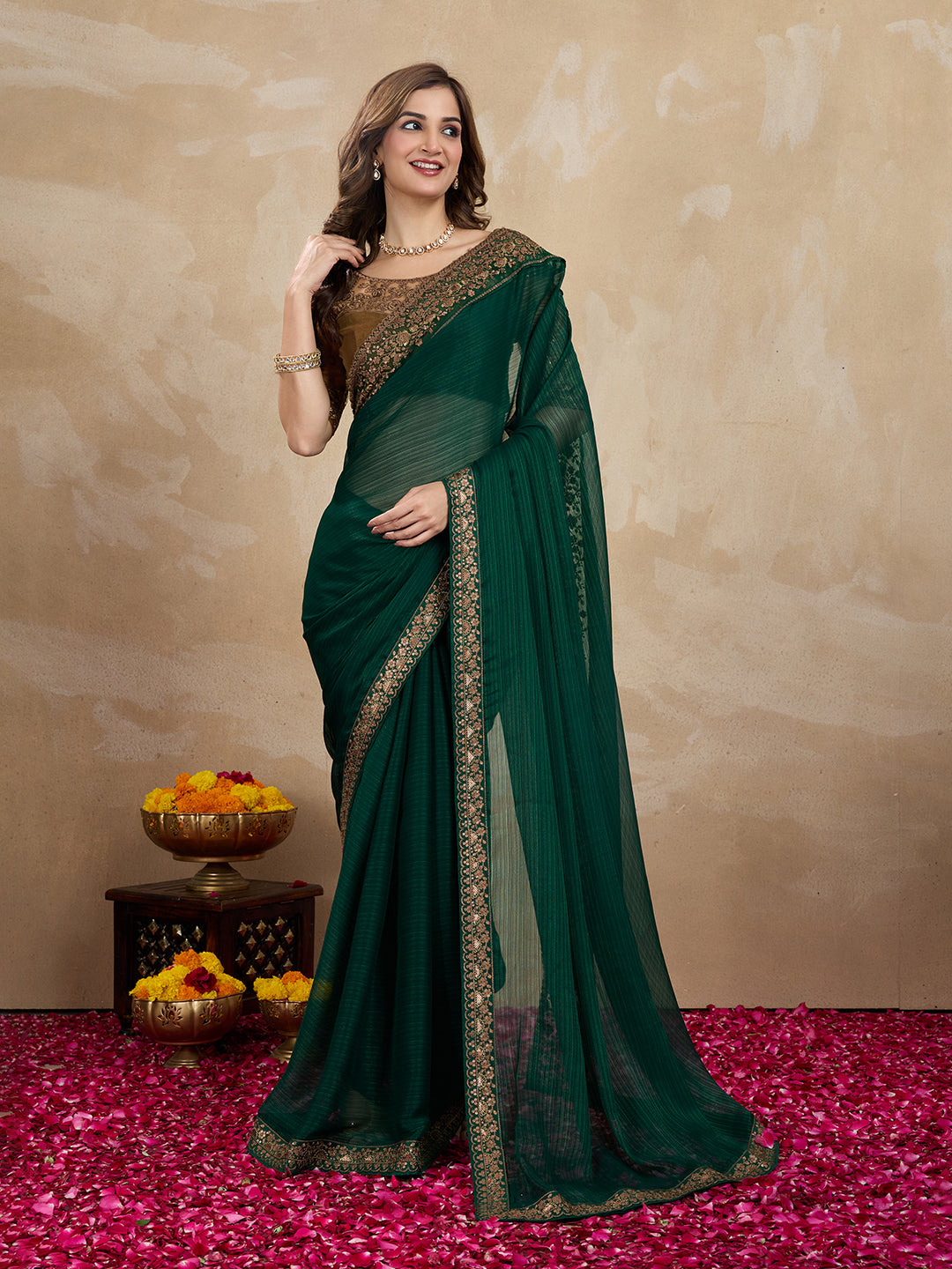 Women's Green Chiffon Embroidered Border Saree with Blouse Piece Trendmalls