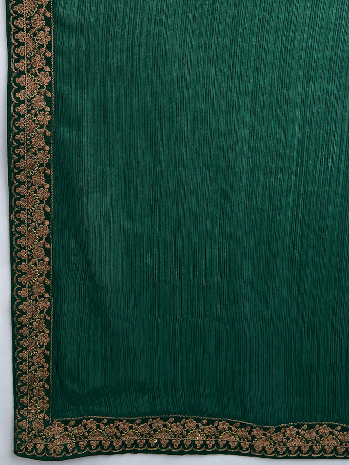 Women's Green Chiffon Embroidered Border Saree with Blouse Piece Trendmalls