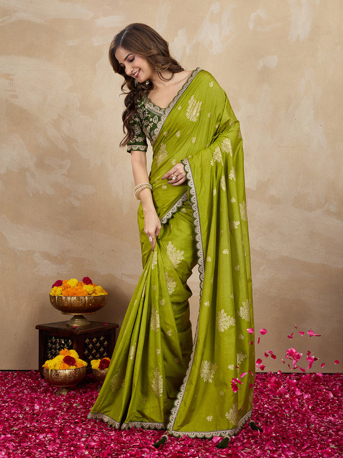 Women's Jacquard Silk Embroidery Zarkan Work Saree with Unstitch Embroidered Blouse Piece Trendmalls