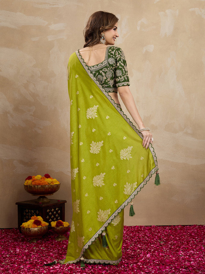 Women's Jacquard Silk Embroidery Zarkan Work Saree with Unstitch Embroidered Blouse Piece Trendmalls