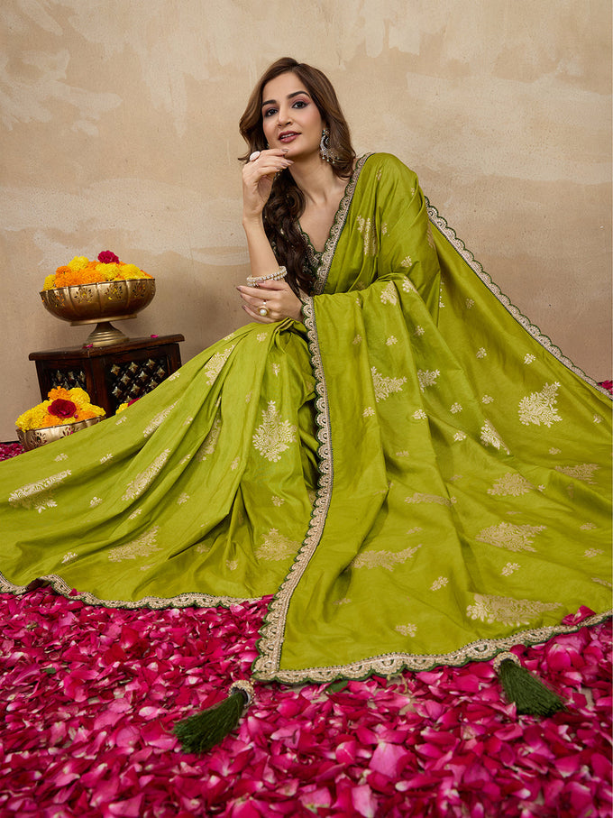 Women's Jacquard Silk Embroidery Zarkan Work Saree with Unstitch Embroidered Blouse Piece Trendmalls