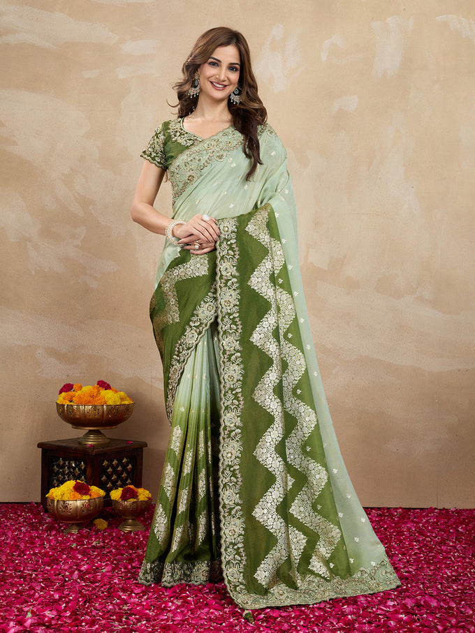 Women's Jacquard Silk Embroidery Zarkan Work Saree with Unstitch Embroidered Blouse Piece Trendmalls