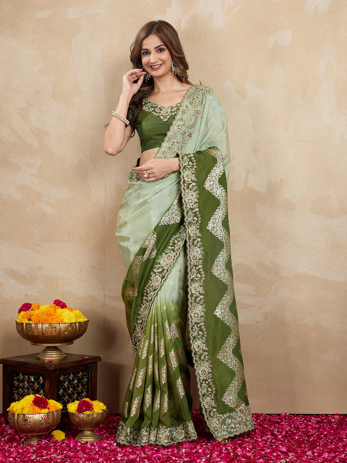 Women's Jacquard Silk Embroidery Zarkan Work Saree with Unstitch Embroidered Blouse Piece Trendmalls