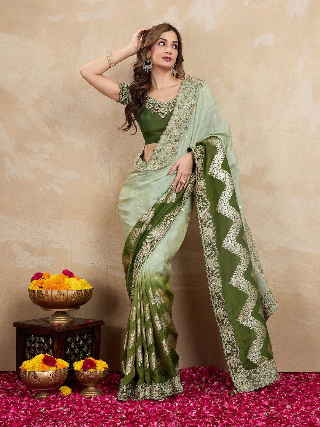 Women's Jacquard Silk Embroidery Zarkan Work Saree with Unstitch Embroidered Blouse Piece Trendmalls