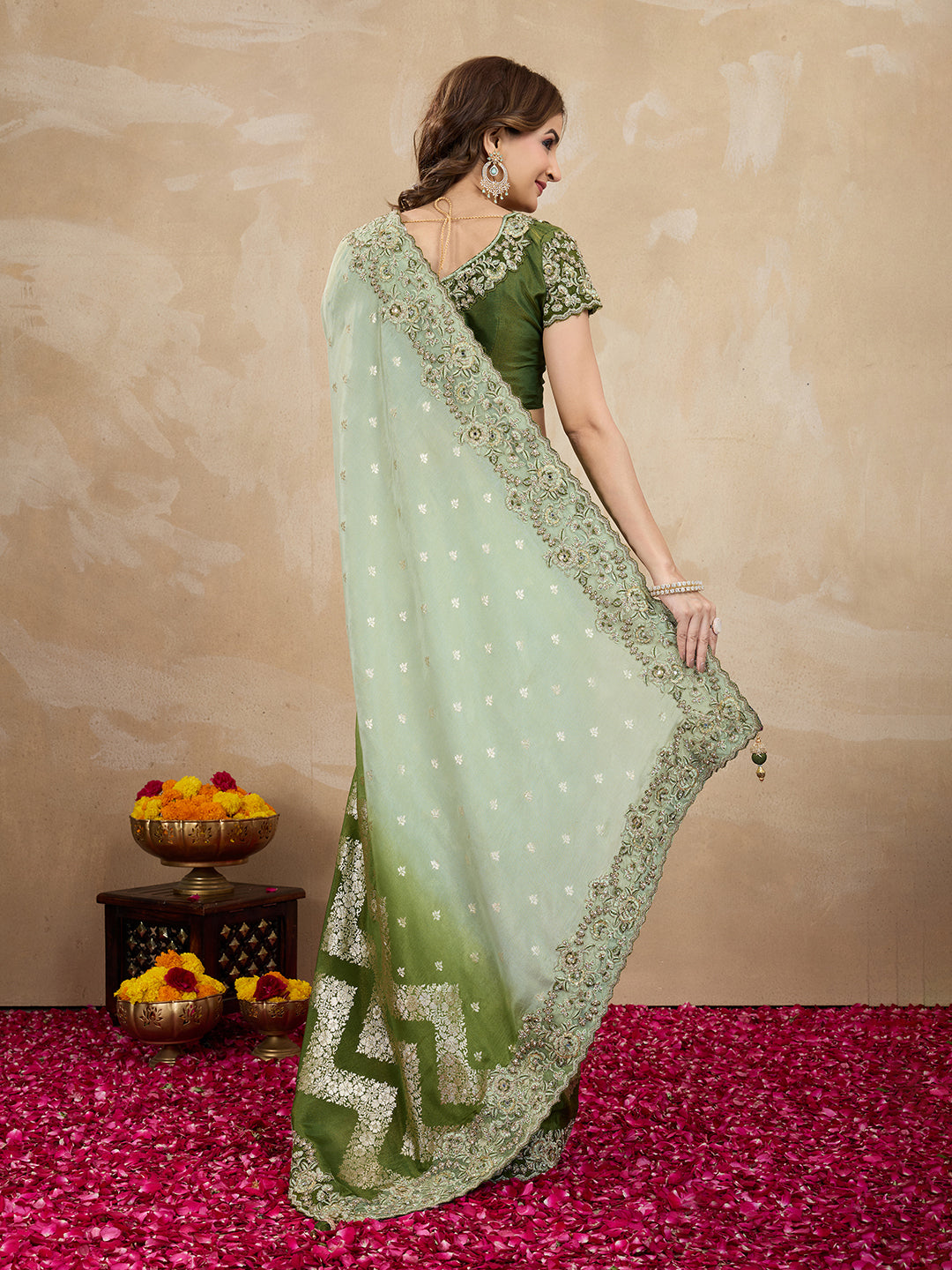 Women's Jacquard Silk Embroidery Zarkan Work Saree with Unstitch Embroidered Blouse Piece Trendmalls