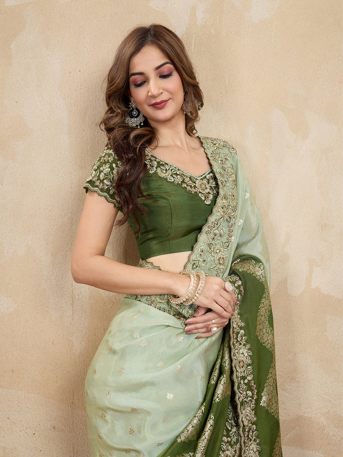 Women's Jacquard Silk Embroidery Zarkan Work Saree with Unstitch Embroidered Blouse Piece Trendmalls
