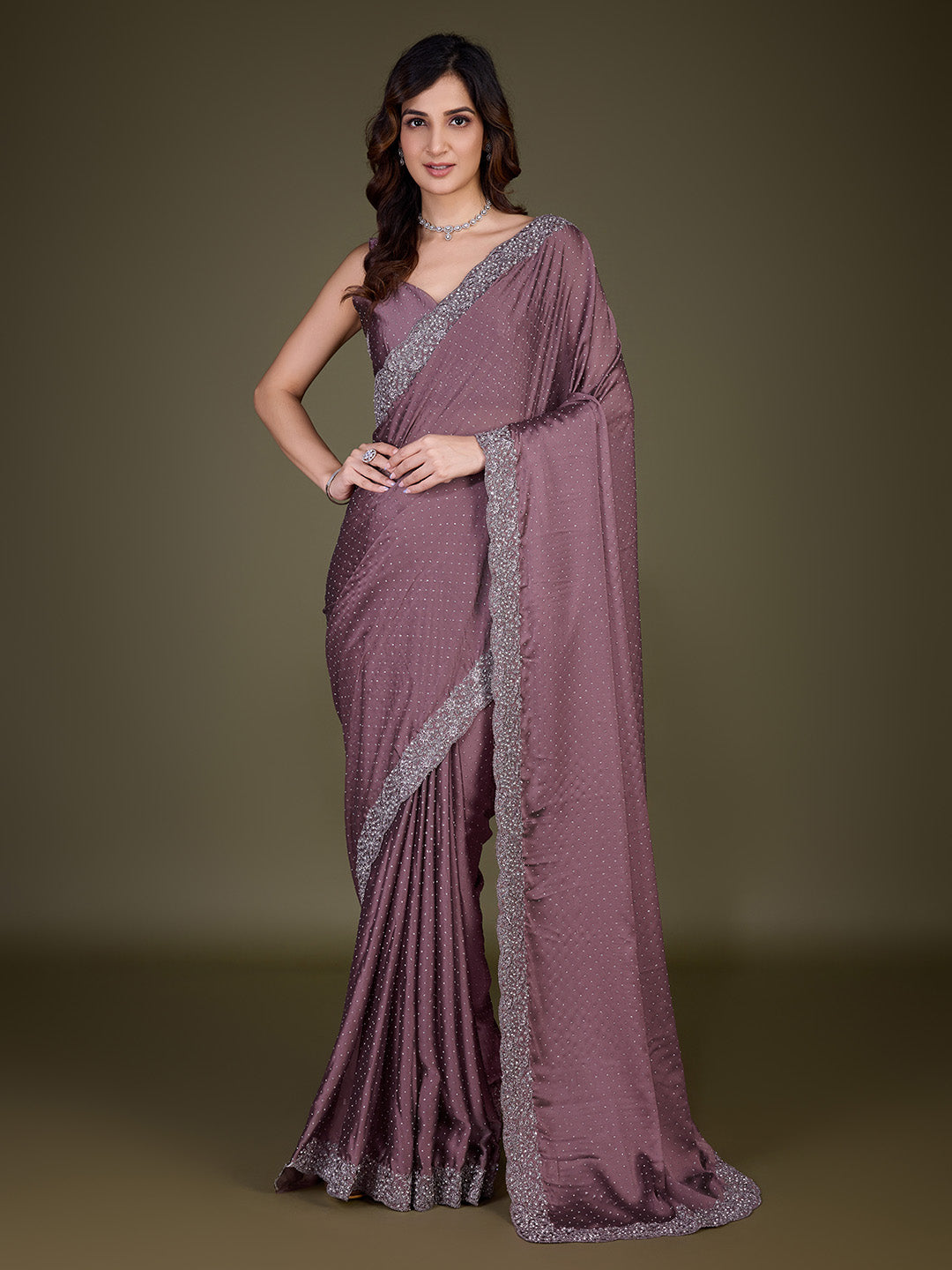 Women Light Brown Saree Rangoli sik Embroidery With Siroski Work Saree Trendmalls