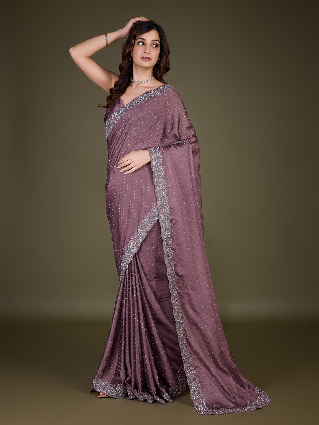 Women Light Brown Saree Rangoli sik Embroidery With Siroski Work Saree Trendmalls
