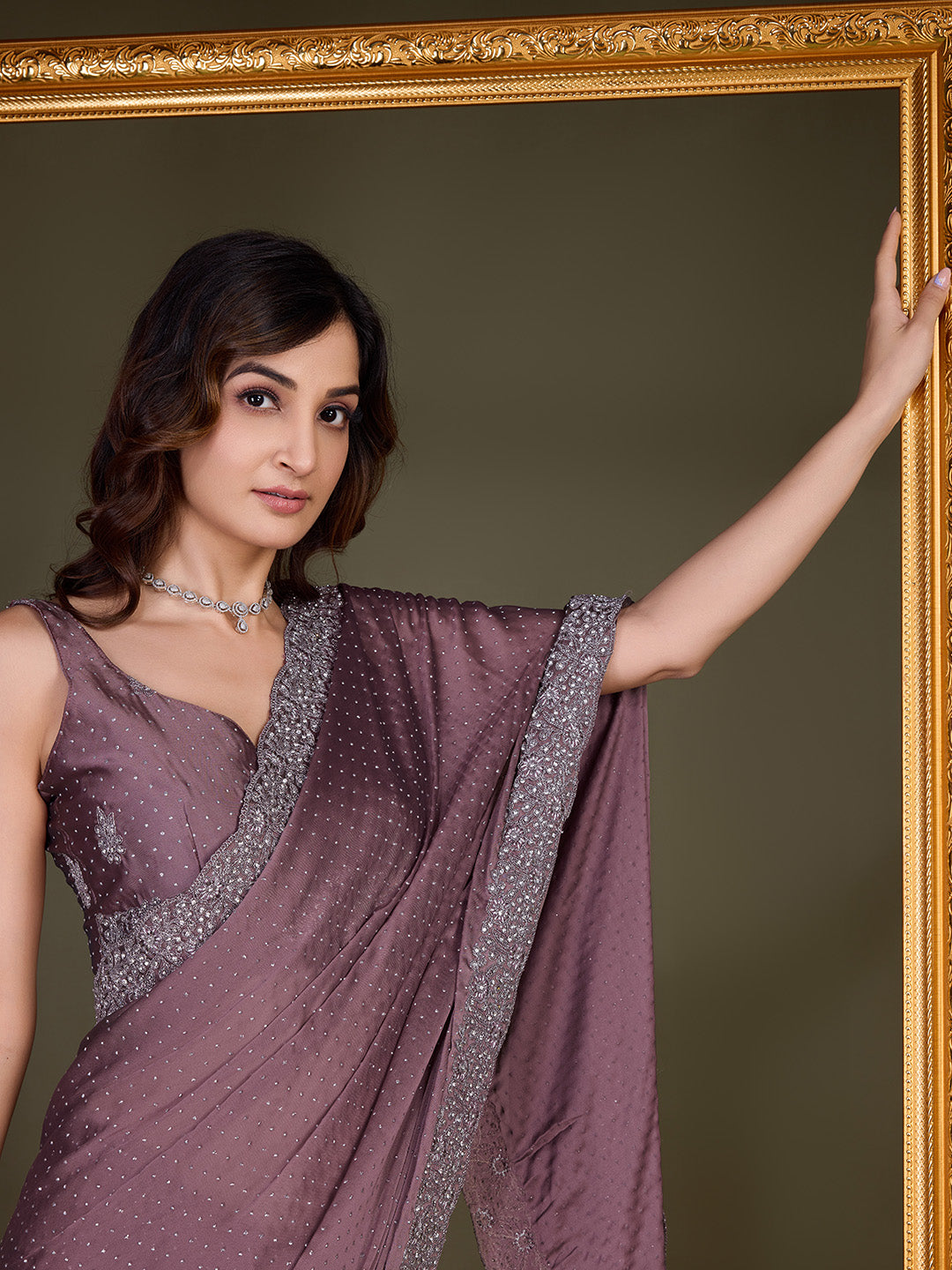 Women Light Brown Saree Rangoli sik Embroidery With Siroski Work Saree Trendmalls