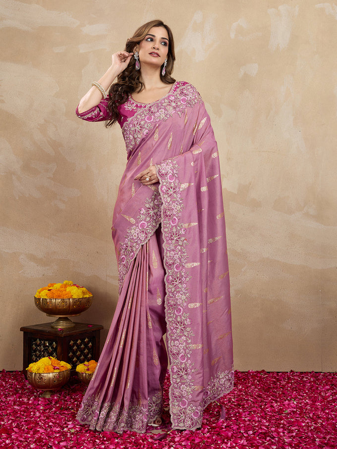 Women's Jacquard Silk Embroidery Zarkan Work Saree with Unstitch Embroidered Blouse Piece Trendmalls