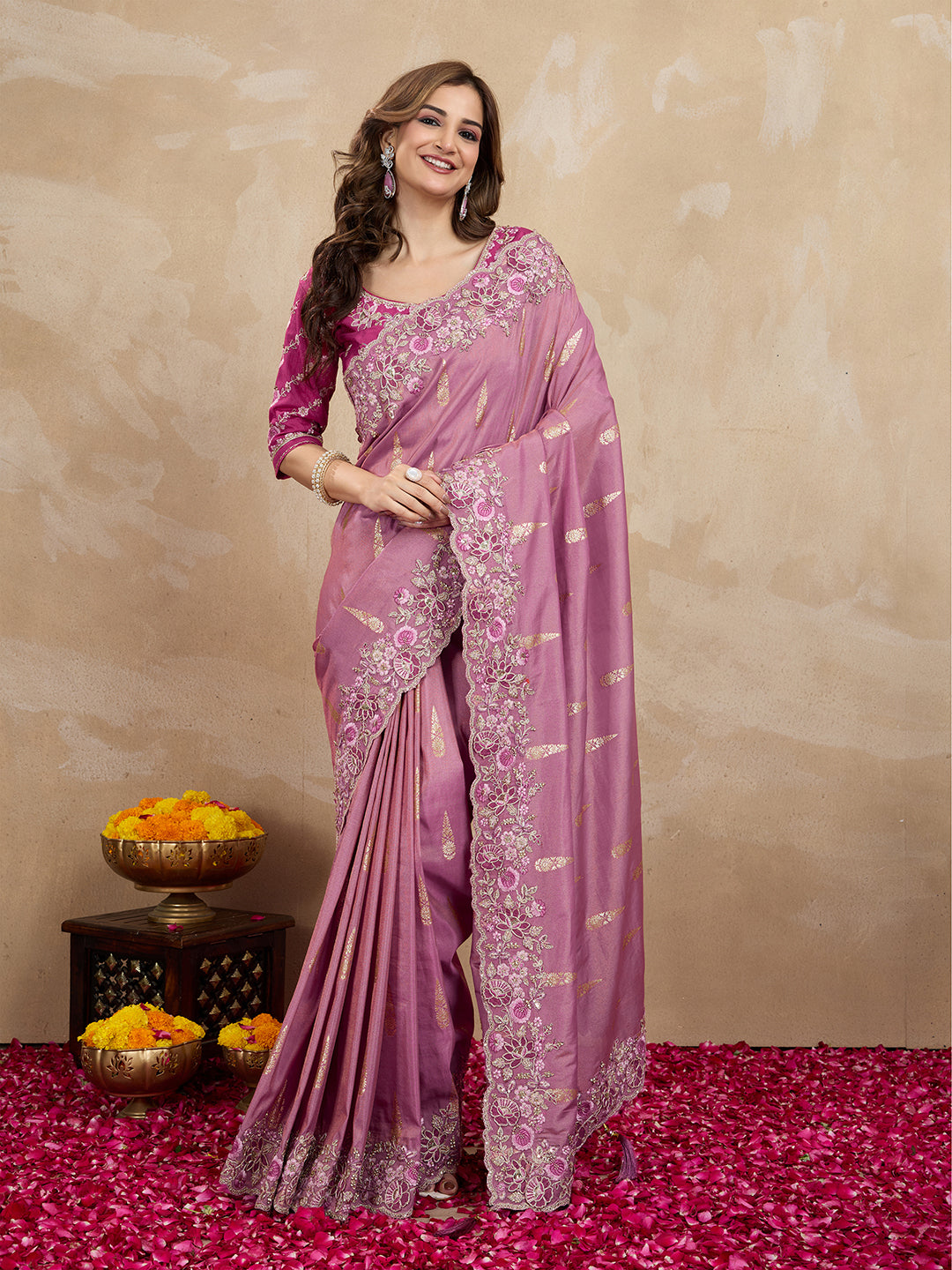 Women's Jacquard Silk Embroidery Zarkan Work Saree with Unstitch Embroidered Blouse Piece Trendmalls
