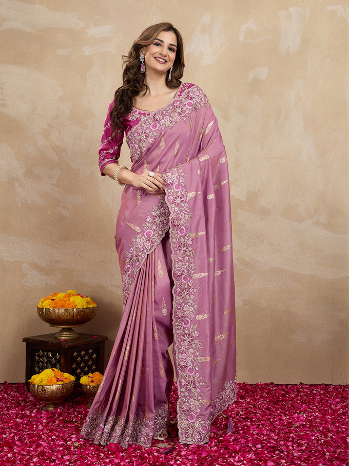 Women's Jacquard Silk Embroidery Zarkan Work Saree with Unstitch Embroidered Blouse Piece Trendmalls