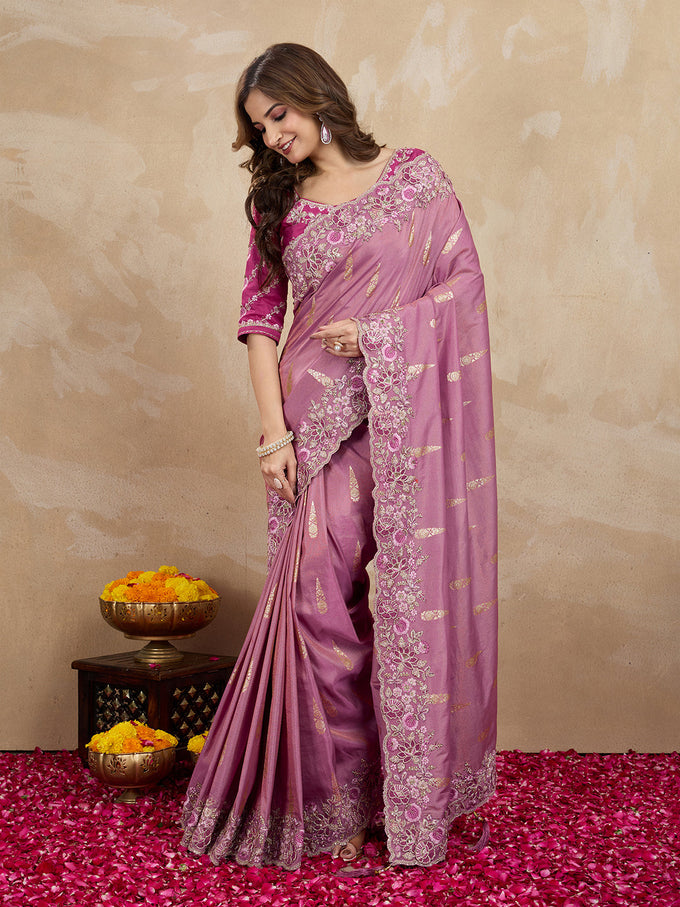 Women's Jacquard Silk Embroidery Zarkan Work Saree with Unstitch Embroidered Blouse Piece Trendmalls