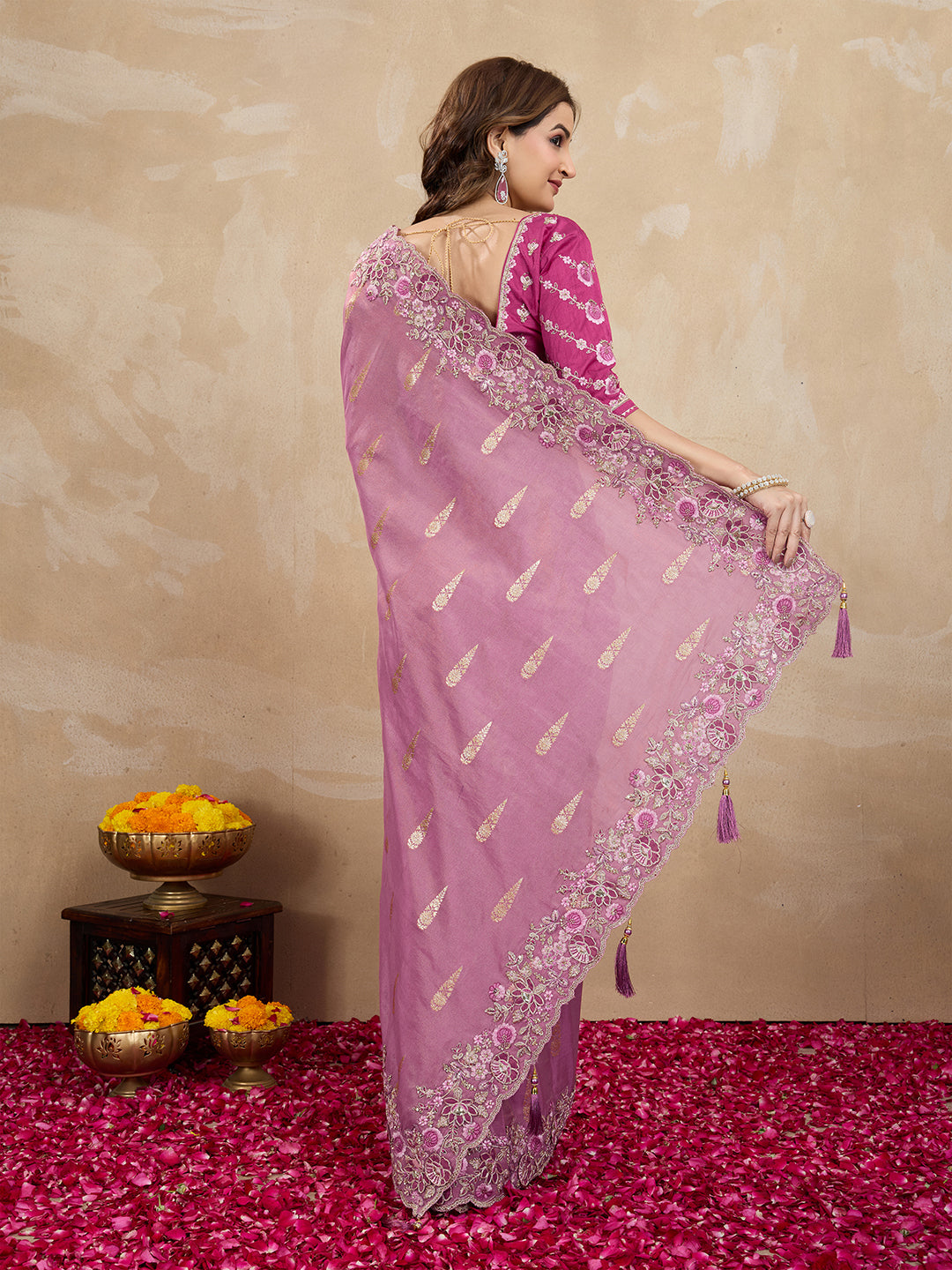 Women's Jacquard Silk Embroidery Zarkan Work Saree with Unstitch Embroidered Blouse Piece Trendmalls