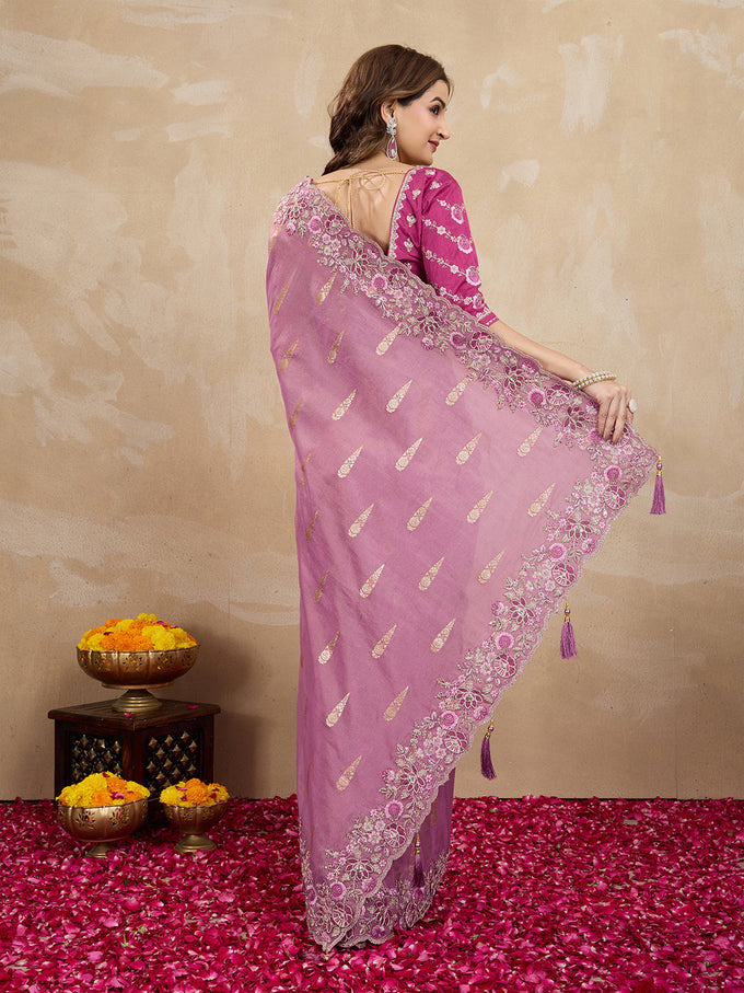 Women's Jacquard Silk Embroidery Zarkan Work Saree with Unstitch Embroidered Blouse Piece Trendmalls