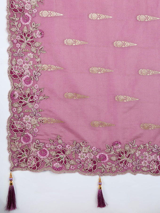Women's Jacquard Silk Embroidery Zarkan Work Saree with Unstitch Embroidered Blouse Piece Trendmalls