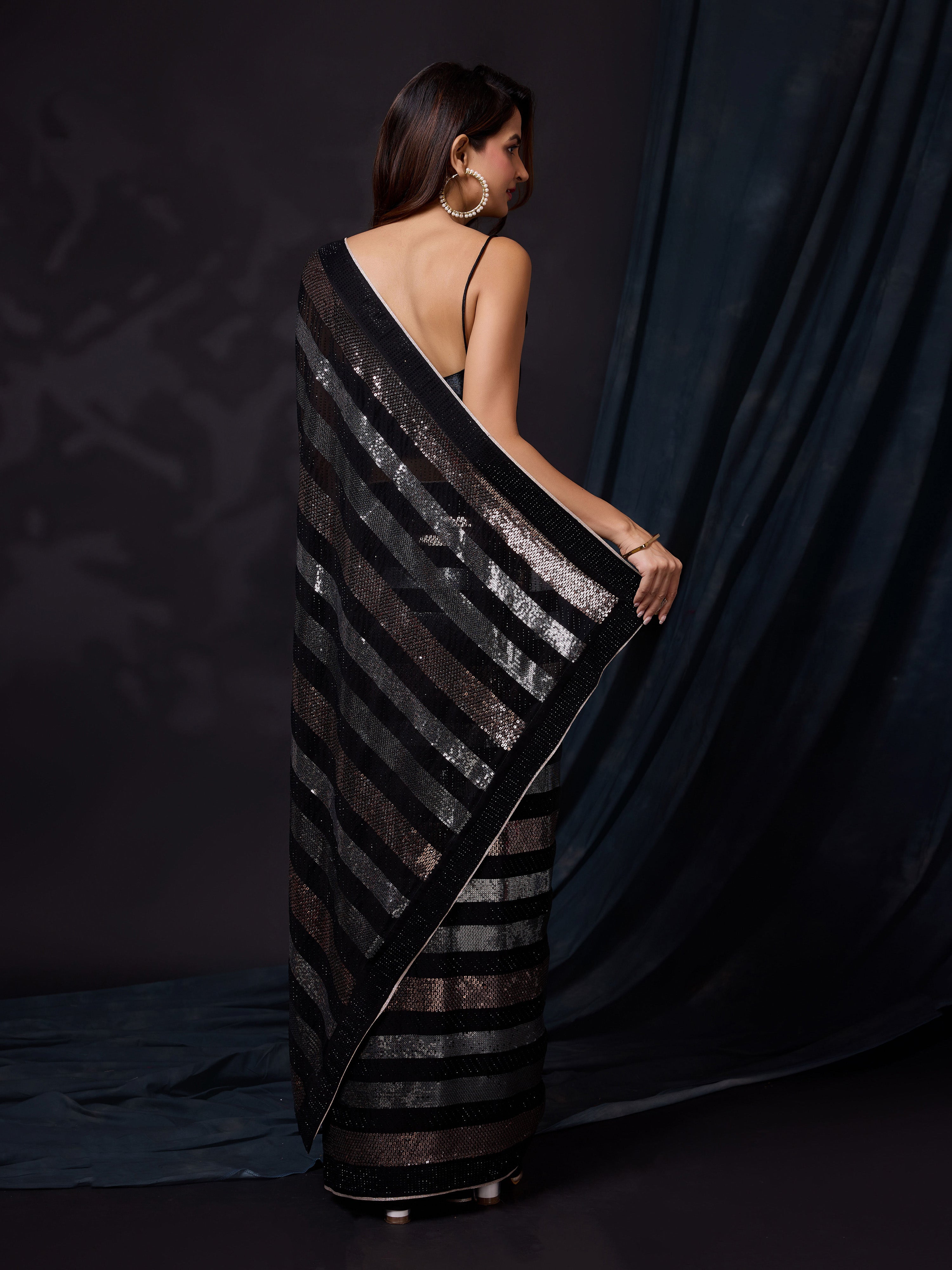 Women's Black Silk Sequins Work Saree with Blouse Piece Trendmalls