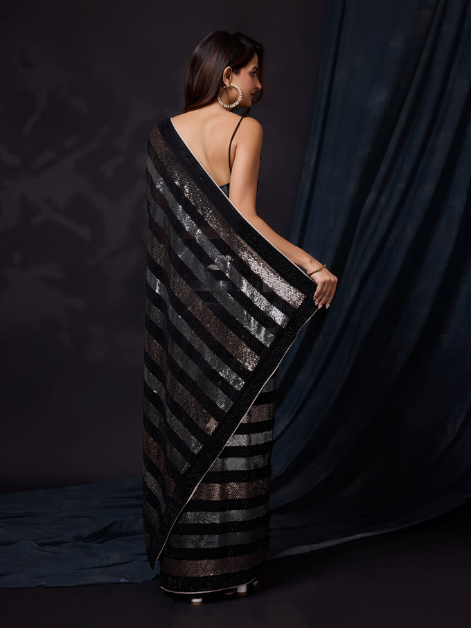 Women's Black Silk Sequins Work Saree with Blouse Piece Trendmalls