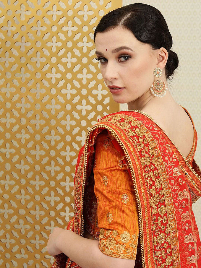 Women's Red Pure Silk Embroidery Work Saree with Unstitch Blouse Piece Trendmalls