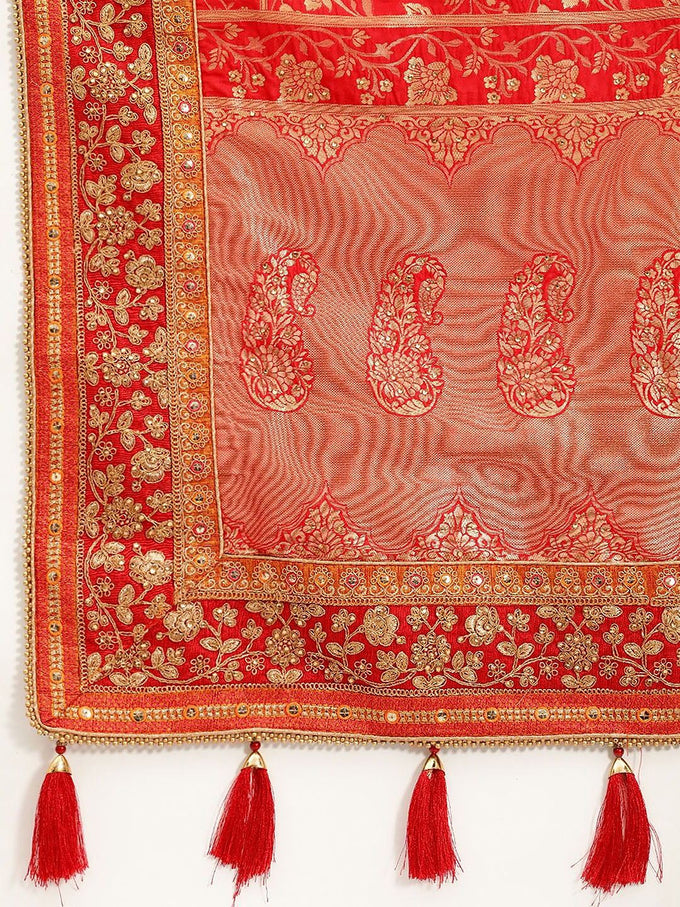 Women's Red Pure Silk Embroidery Work Saree with Unstitch Blouse Piece Trendmalls