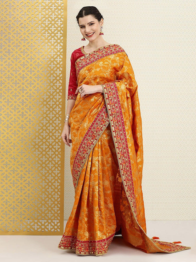 Women's Orange Pure Silk Embroidery Work Saree with Unstitch Blouse Piece Trendmalls