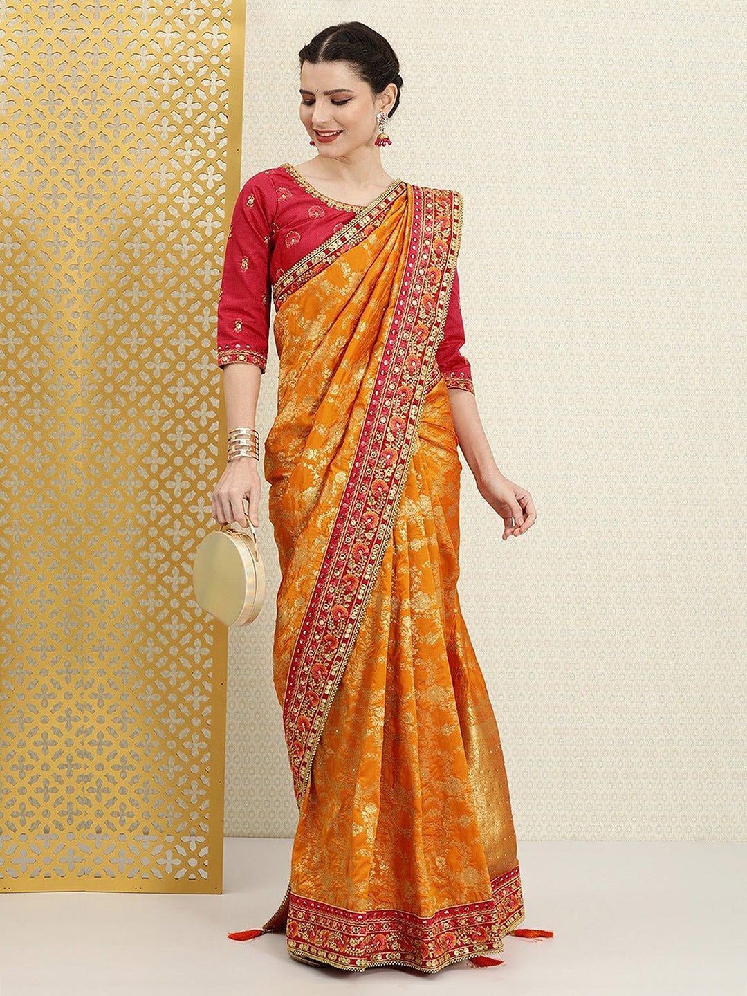 Women's Orange Pure Silk Embroidery Work Saree with Unstitch Blouse Piece Trendmalls