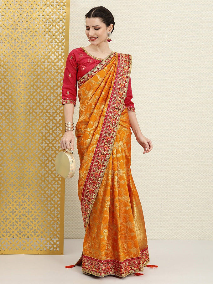 Women's Orange Pure Silk Embroidery Work Saree with Unstitch Blouse Piece Trendmalls