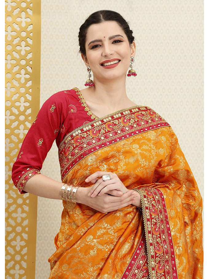 Women's Orange Pure Silk Embroidery Work Saree with Unstitch Blouse Piece Trendmalls