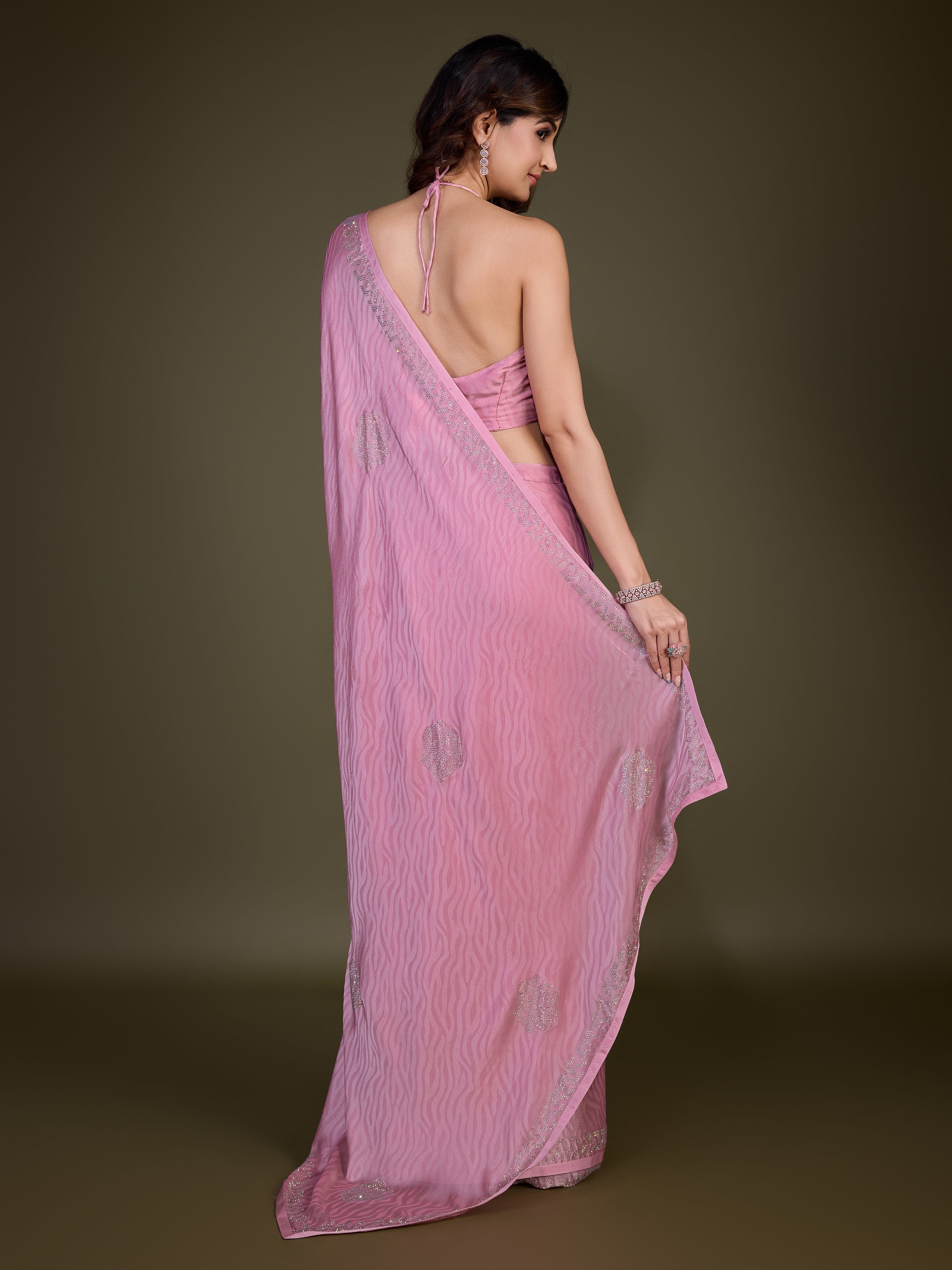 LightPink Chiffon Siroski Work Saree with Unstitch Blouse Piece Trendmalls