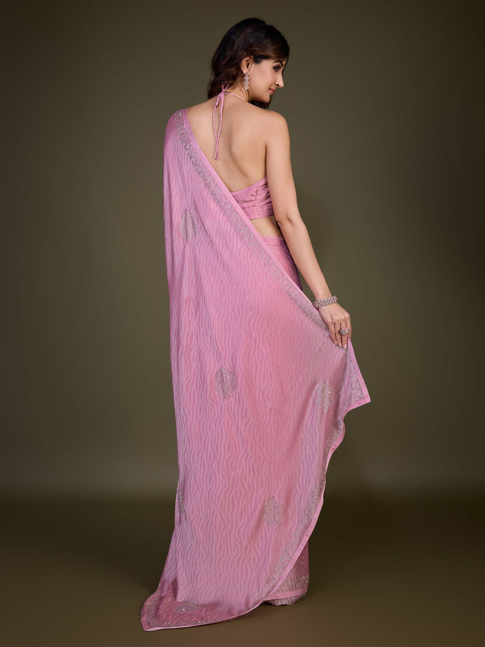 LightPink Chiffon Siroski Work Saree with Unstitch Blouse Piece Trendmalls