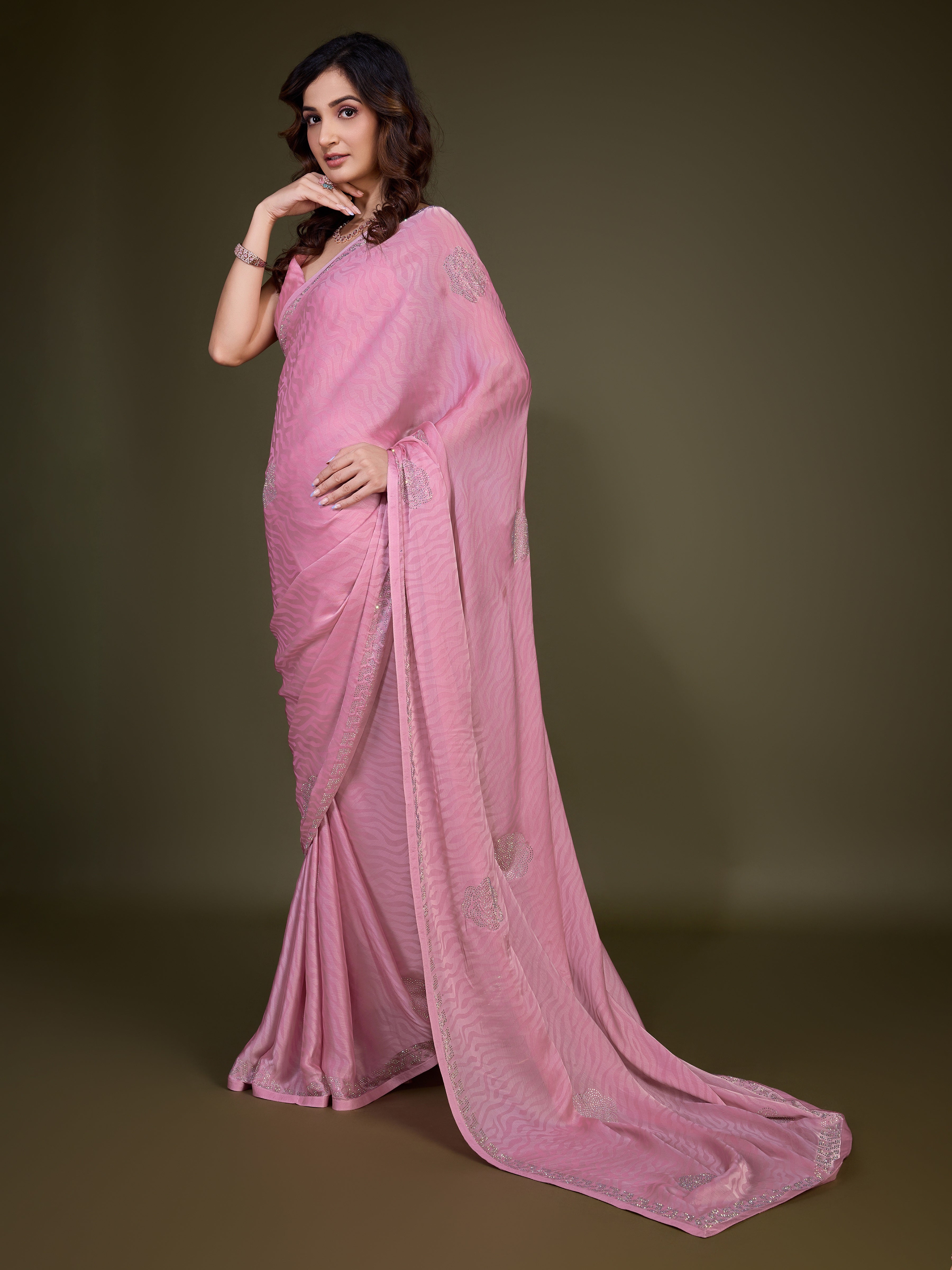LightPink Chiffon Siroski Work Saree with Unstitch Blouse Piece Trendmalls