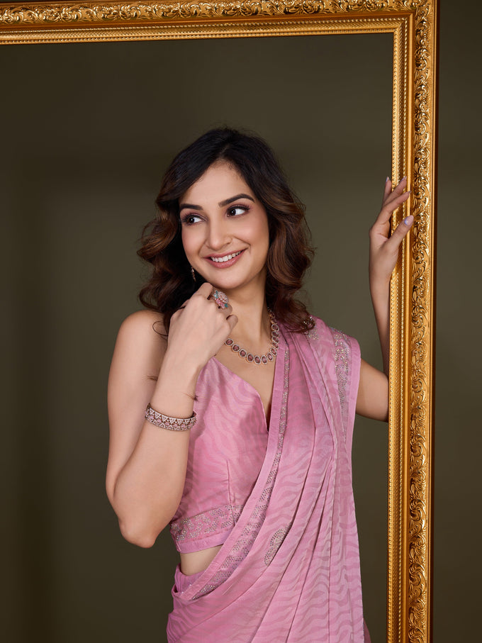 LightPink Chiffon Siroski Work Saree with Unstitch Blouse Piece Trendmalls