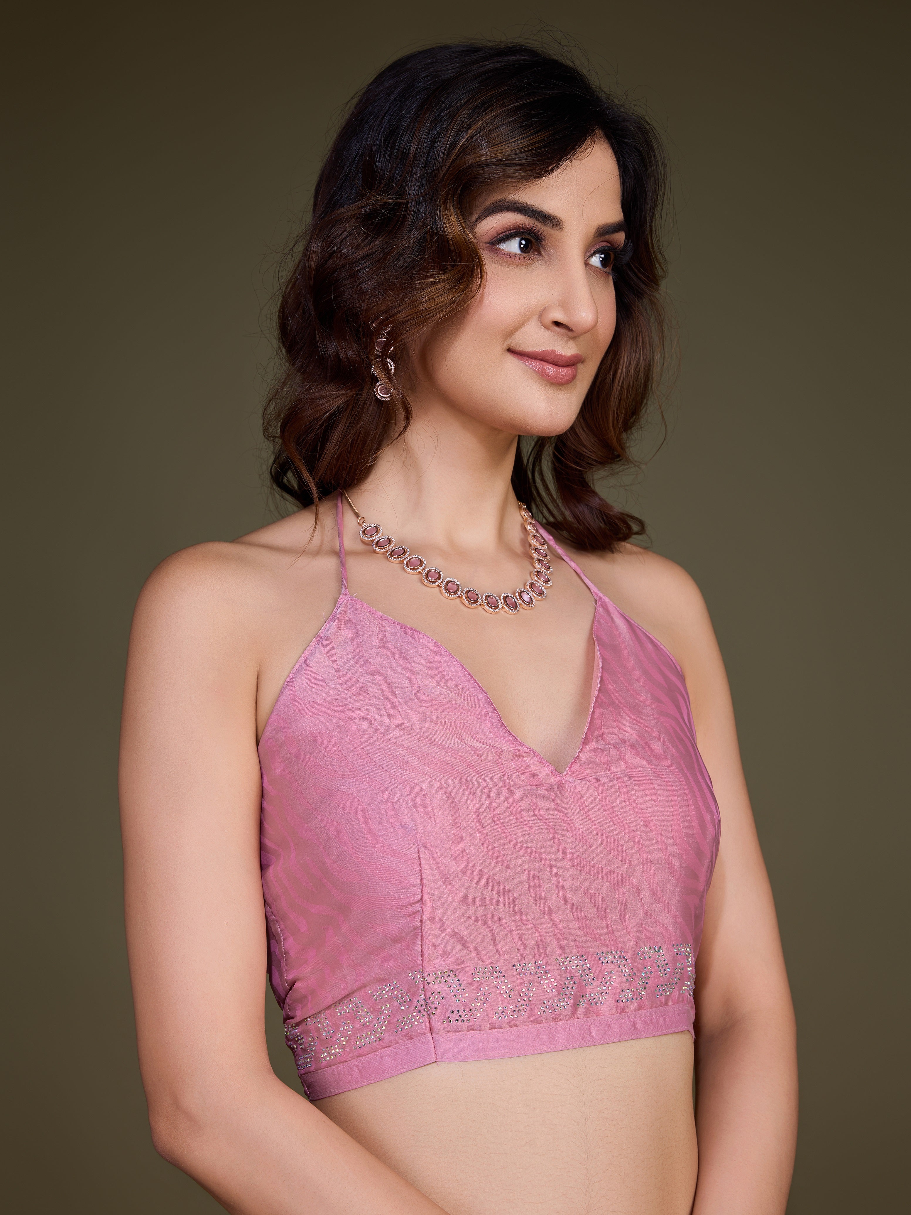 LightPink Chiffon Siroski Work Saree with Unstitch Blouse Piece Trendmalls