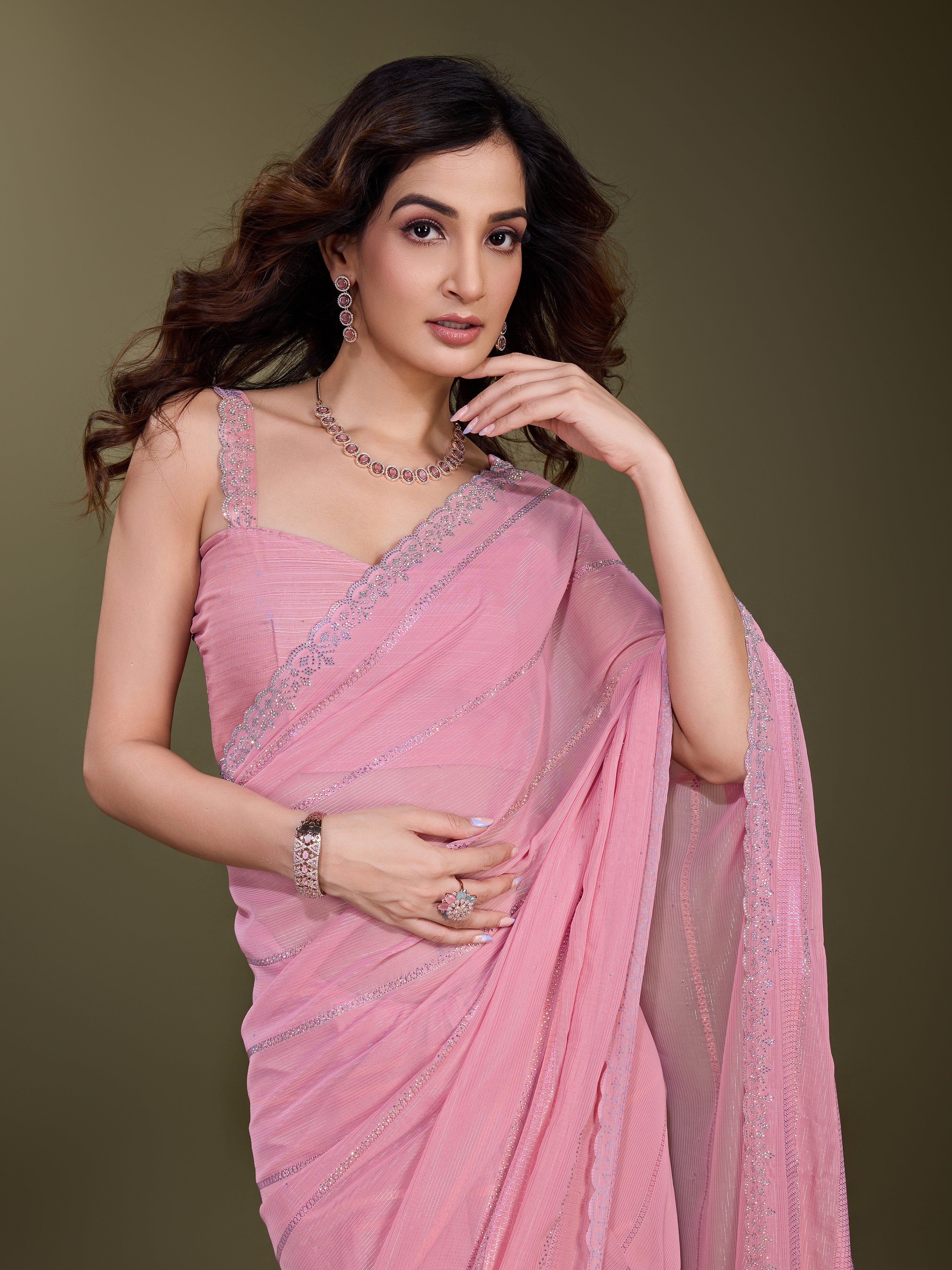 Women's Chiffon Siroski Work Saree with Unstitch Blouse Piece Trendmalls