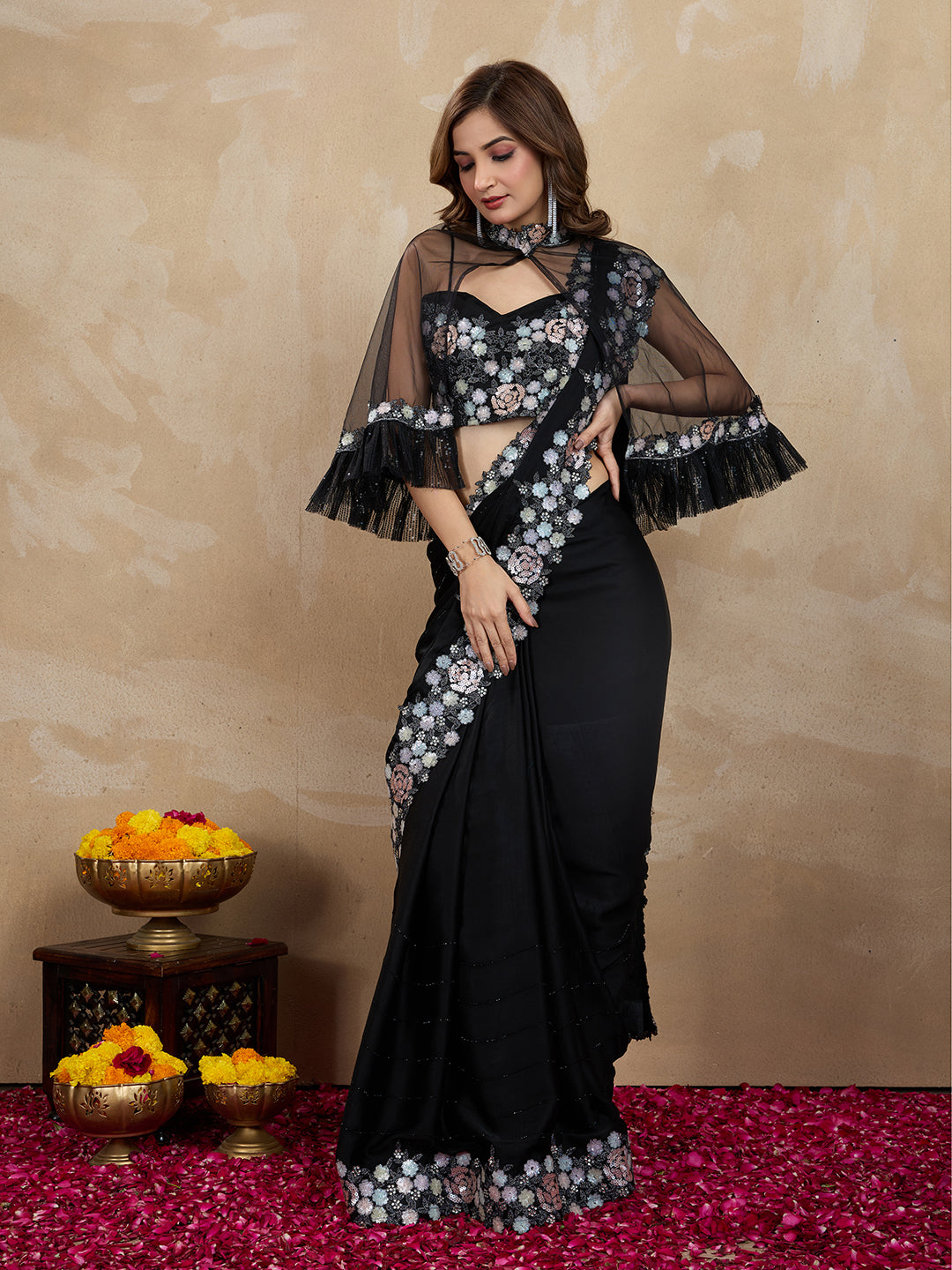 Women's Satin Embroidery Sequin Work Saree with Unstitch Blouse Piece Trendmalls