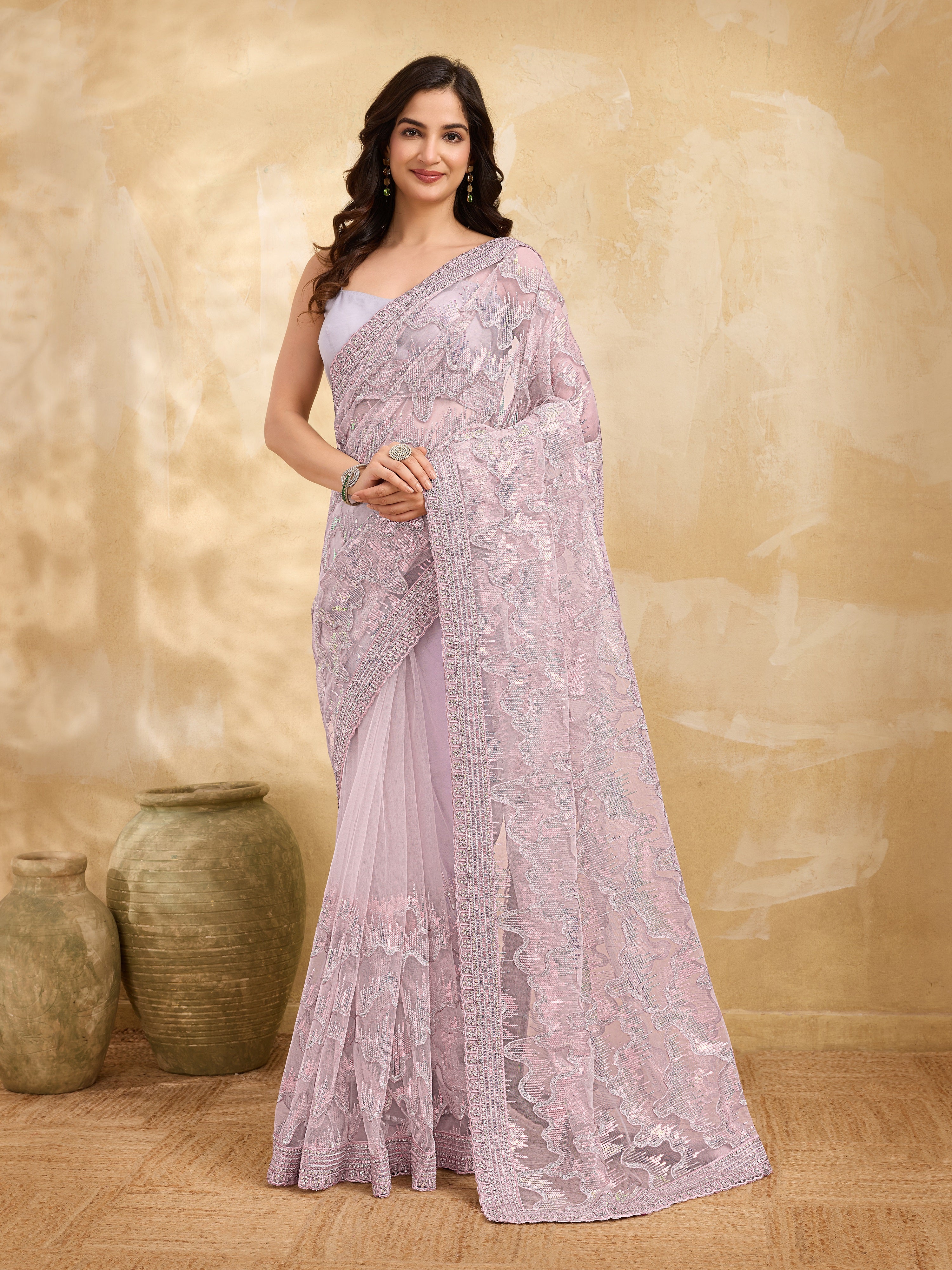 Women's Net Embroidery Stone, Sequin Work Saree with Unstitch Blouse Piece